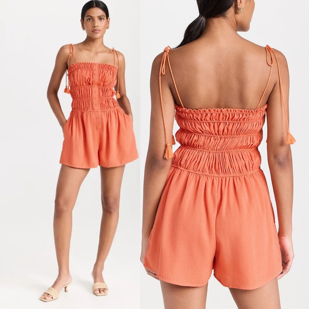NWT Lost + Wander Red Orange Hibiscus Glow Romper Smocked Tassel Tie Strap Small